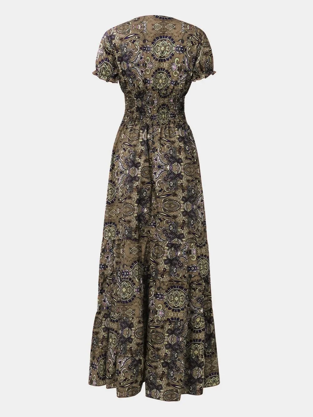 Full Size Smocked Printed V - Neck Short Sleeve Dress - minbolu