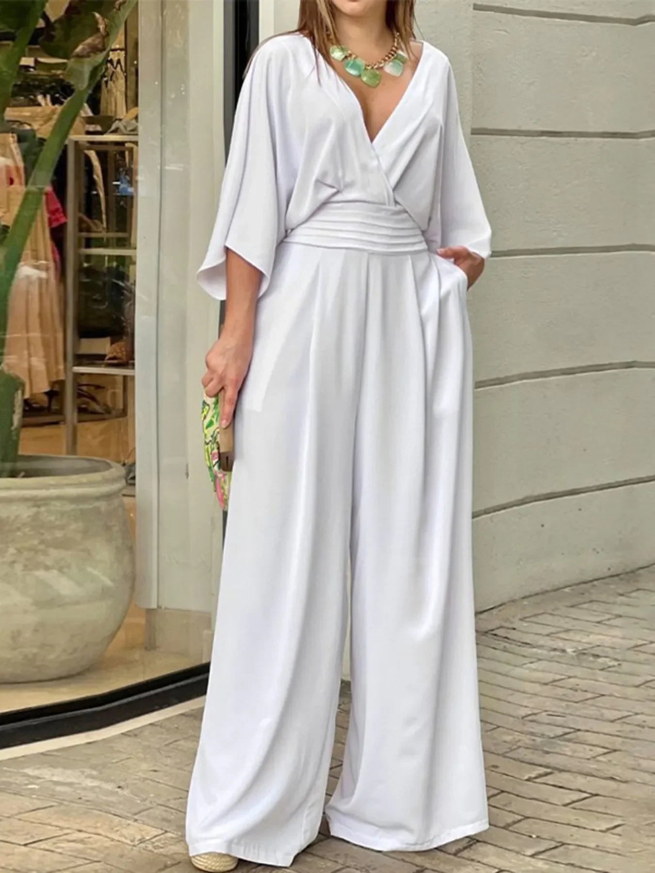 Full Size Wide-Leg Wrap Jumpsuit with Kimono Sleeves Plus Size - minbolu -