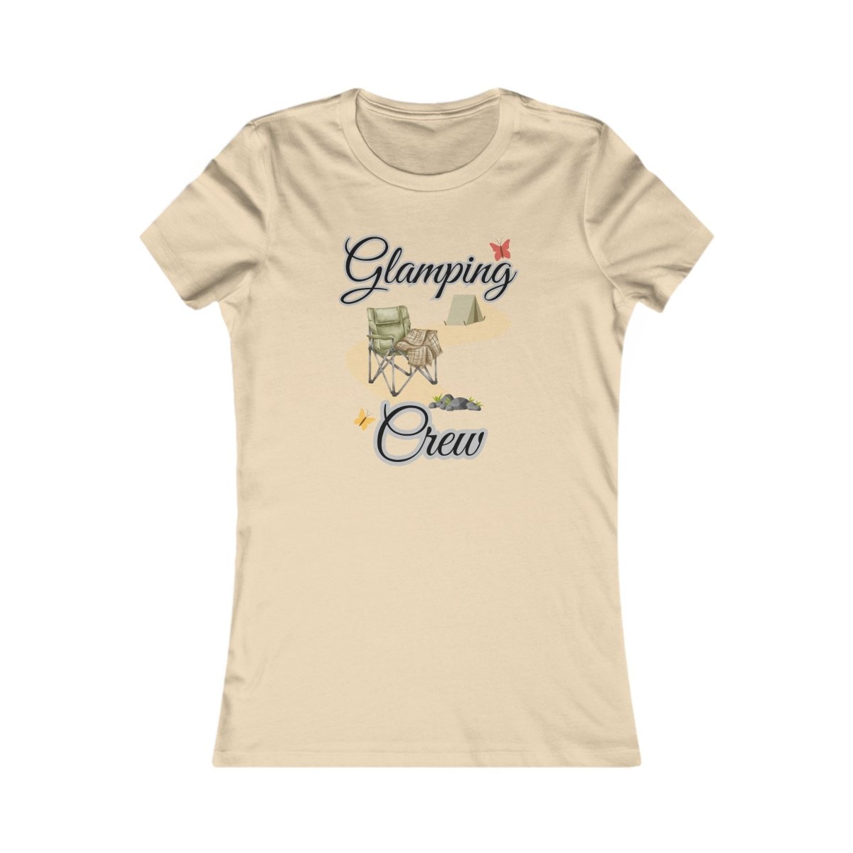 Beige t-shirt with 'Glamping Crew' text and graphics on a white background