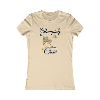 Beige t-shirt with 'Glamping Crew' text and graphics on a white background