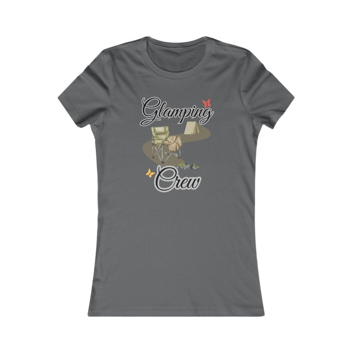 Gray t-shirt with 'Glamping Crew' graphic design on a white background