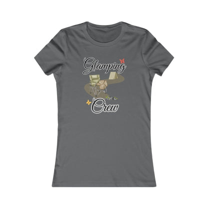 Gray t-shirt with 'Glamping Crew' graphic design on a white background
