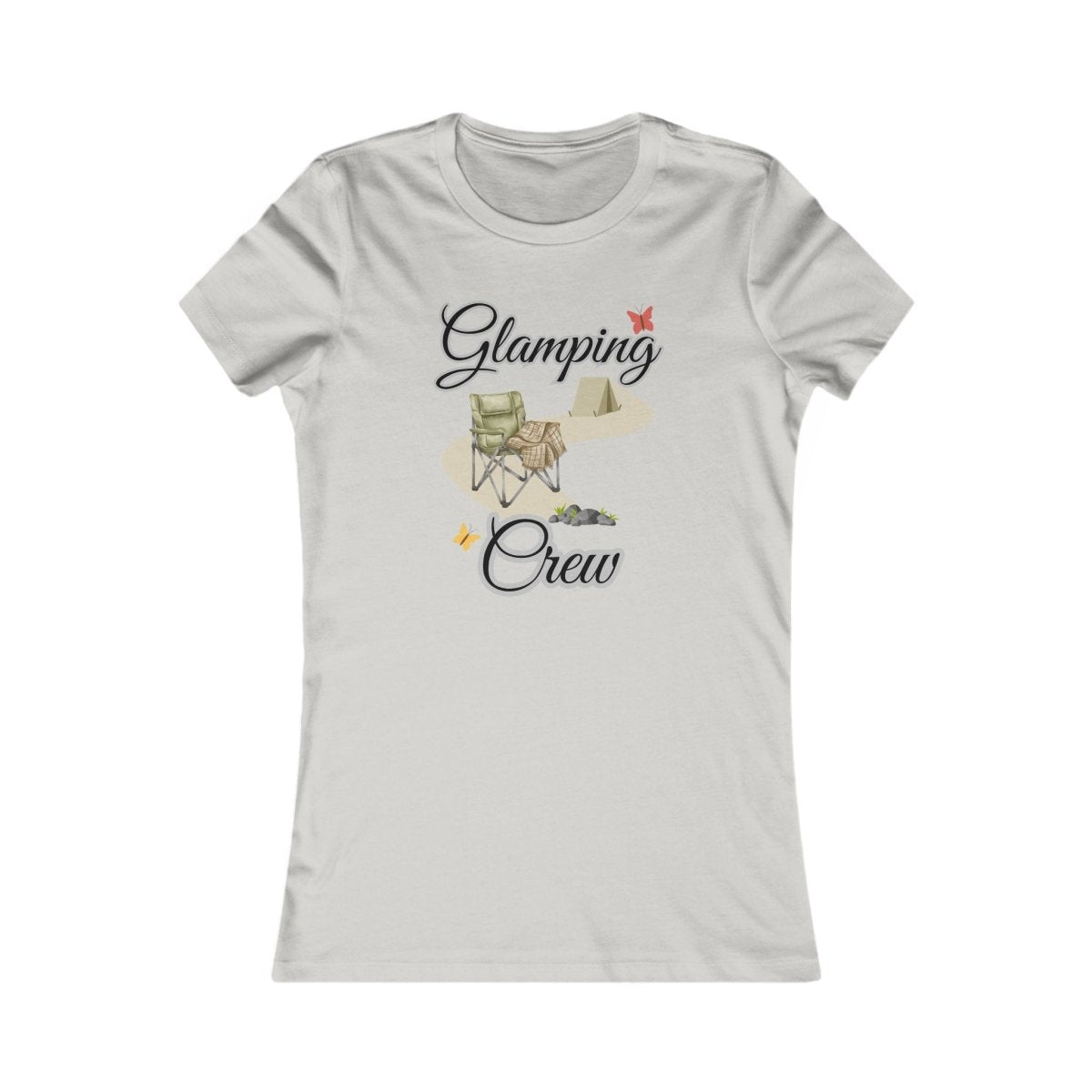 Silver t-shirt with 'Glamping Crew' design on a white background