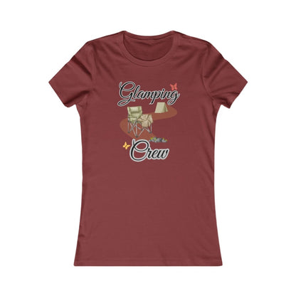 Maroon t-shirt with 'Glamping Crew' graphic design on a white background