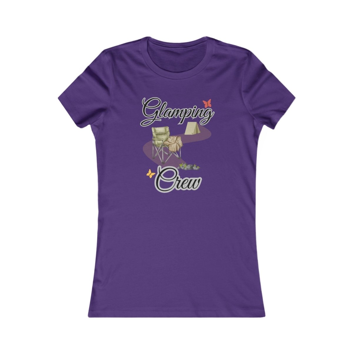 Purple t-shirt with 'Glamping Crew' graphic design on a white background