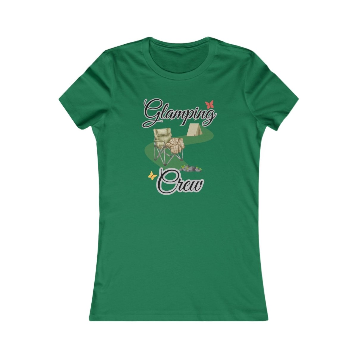 Green t-shirt with 'Glamping Crew' design on a white background