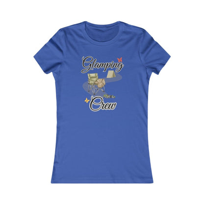 Blue t-shirt with 'Glamping Crew' graphic design on a white background