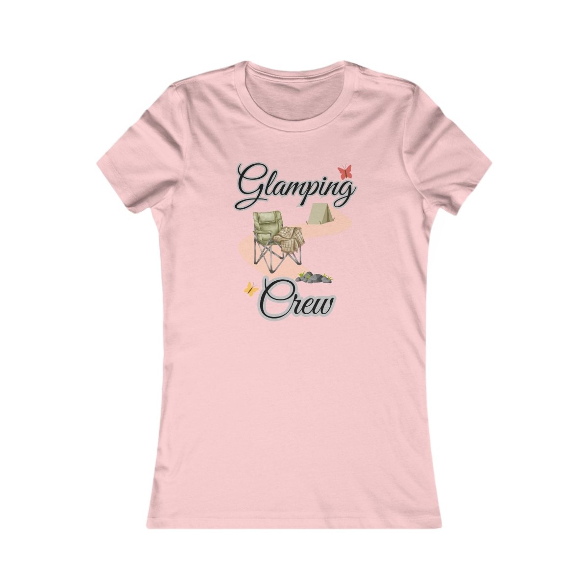 Pink t-shirt with 'Glamping Crew' design on a white background