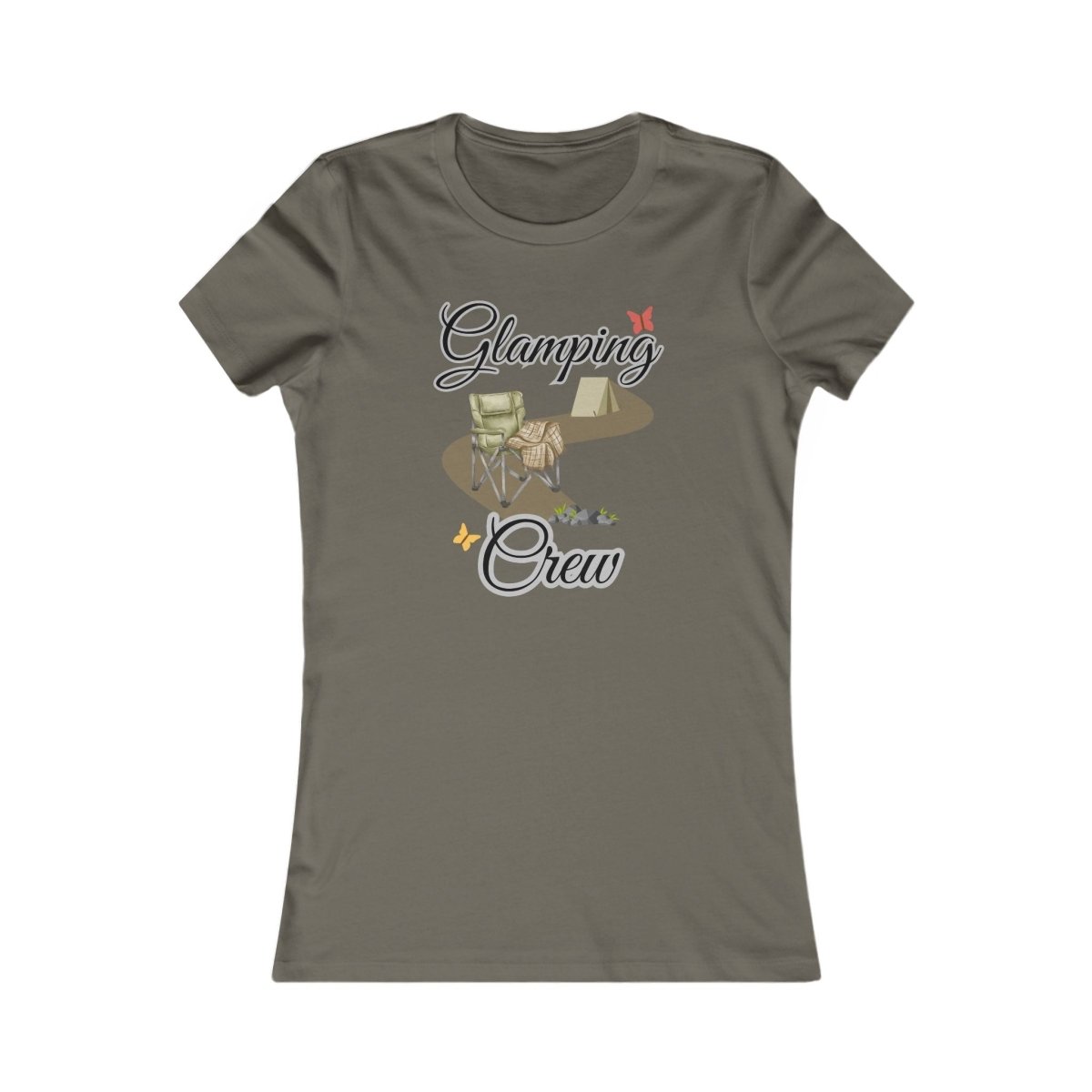 Gray t-shirt with 'Glamping Crew' graphic design on a white background