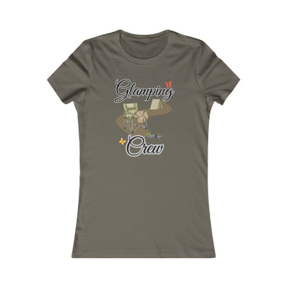 Gray t-shirt with 'Glamping Crew' graphic design on a white background