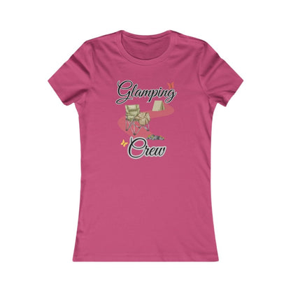 Pink t-shirt with 'Glamping Crew' graphic design on a white background