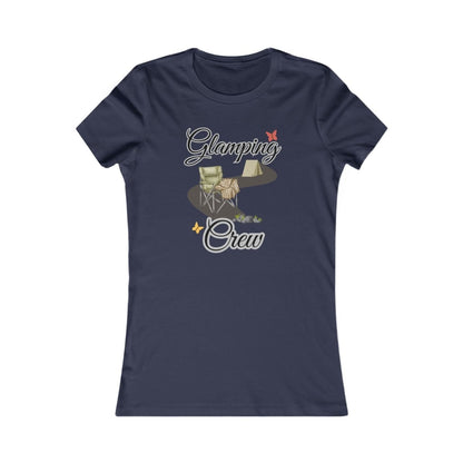 Navy blue t-shirt with 'Glamping Crew' graphic design on a white background