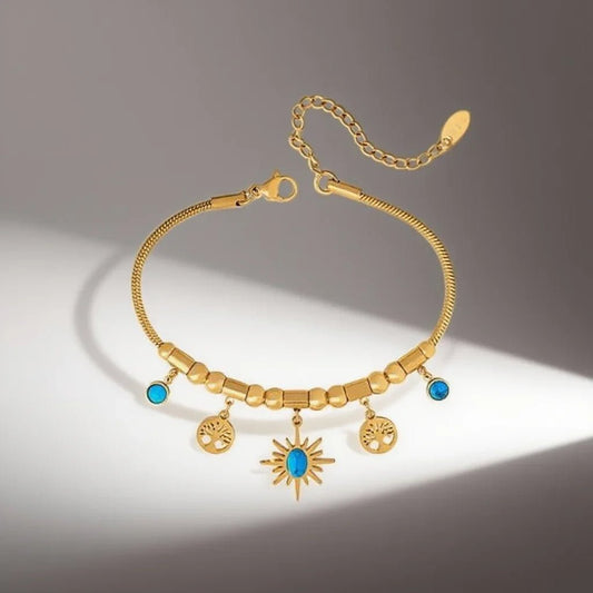 Gold - Plated Titanium Steel Charm Bracelet - Adjustable Fit - minbolu