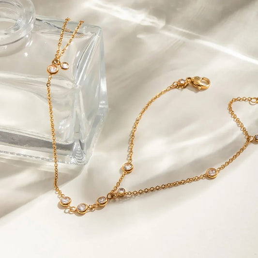 Gold Rhinestone Chain Bracelet - 18K Plated Hand Jewelry - minbolu -