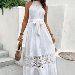 Halter Lace Detail Boho Maxi Cami Dress - Sleeveless Summer Dress - Maxi Dress - minbolu