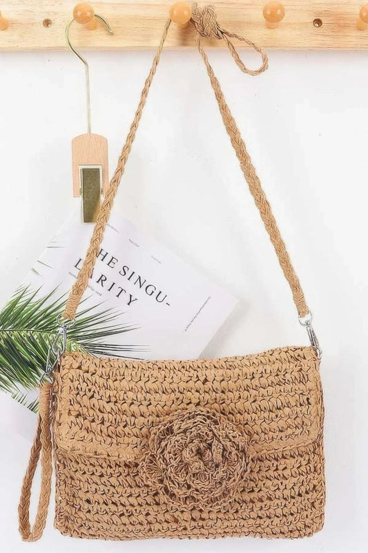 Faux Straw Handmade Flower Flap Clutch - minbolu -