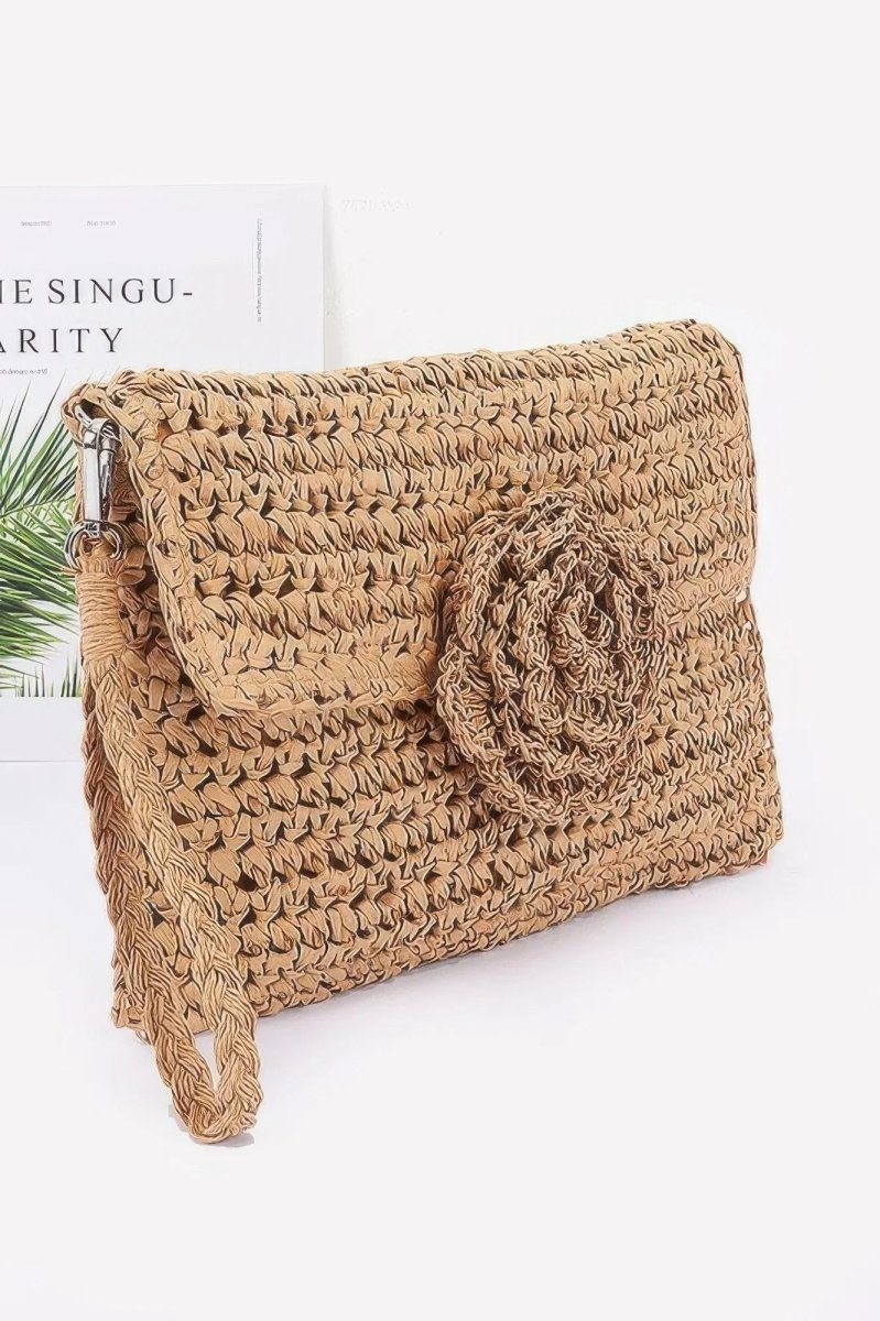 Faux Straw Handmade Flower Flap Clutch - minbolu -