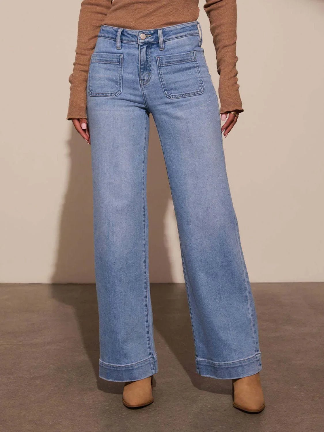 High Rise Wide Leg Jeans with Front Pockets - minbolu -