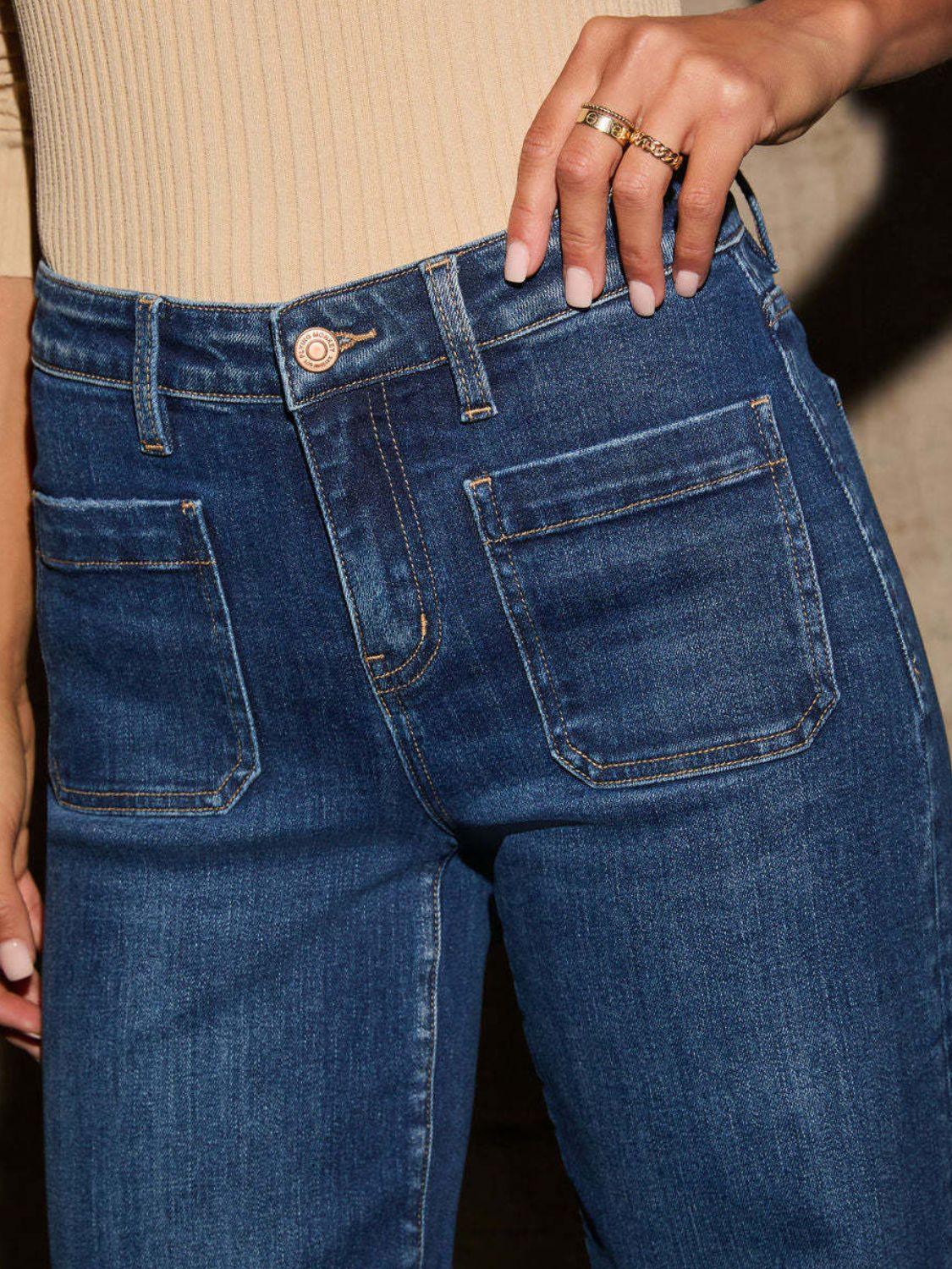 High Rise Wide Leg Jeans with Front Pockets - minbolu -