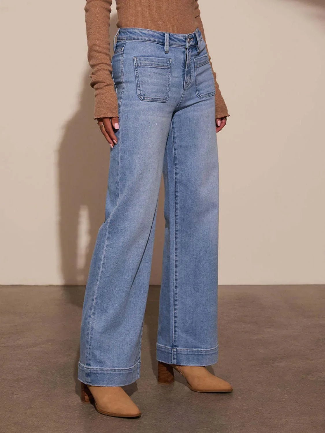 High Rise Wide Leg Jeans with Front Pockets - minbolu -