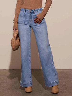 High Rise Wide Leg Jeans with Front Pockets - minbolu -
