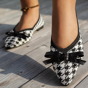 Houndstooth Point Toe Flats Slip-Ons - minbolu -