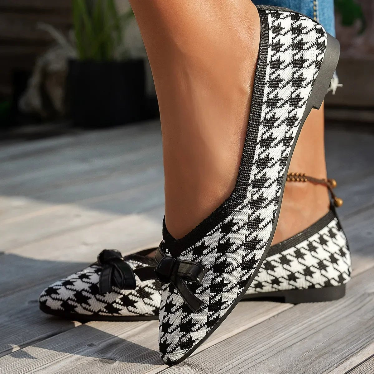 Houndstooth Point Toe Flats Slip-Ons - minbolu -