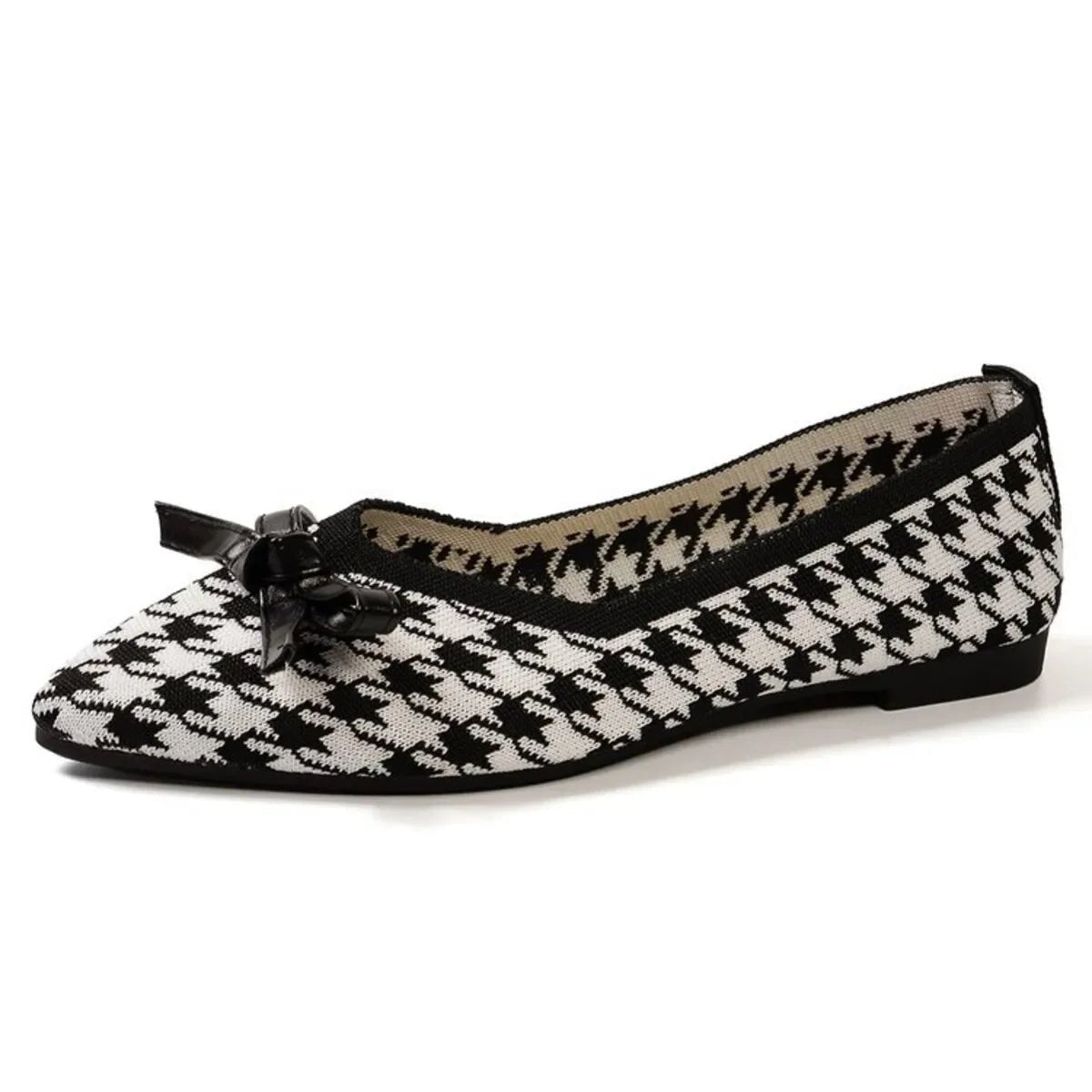 Houndstooth Point Toe Flats Slip-Ons - minbolu -