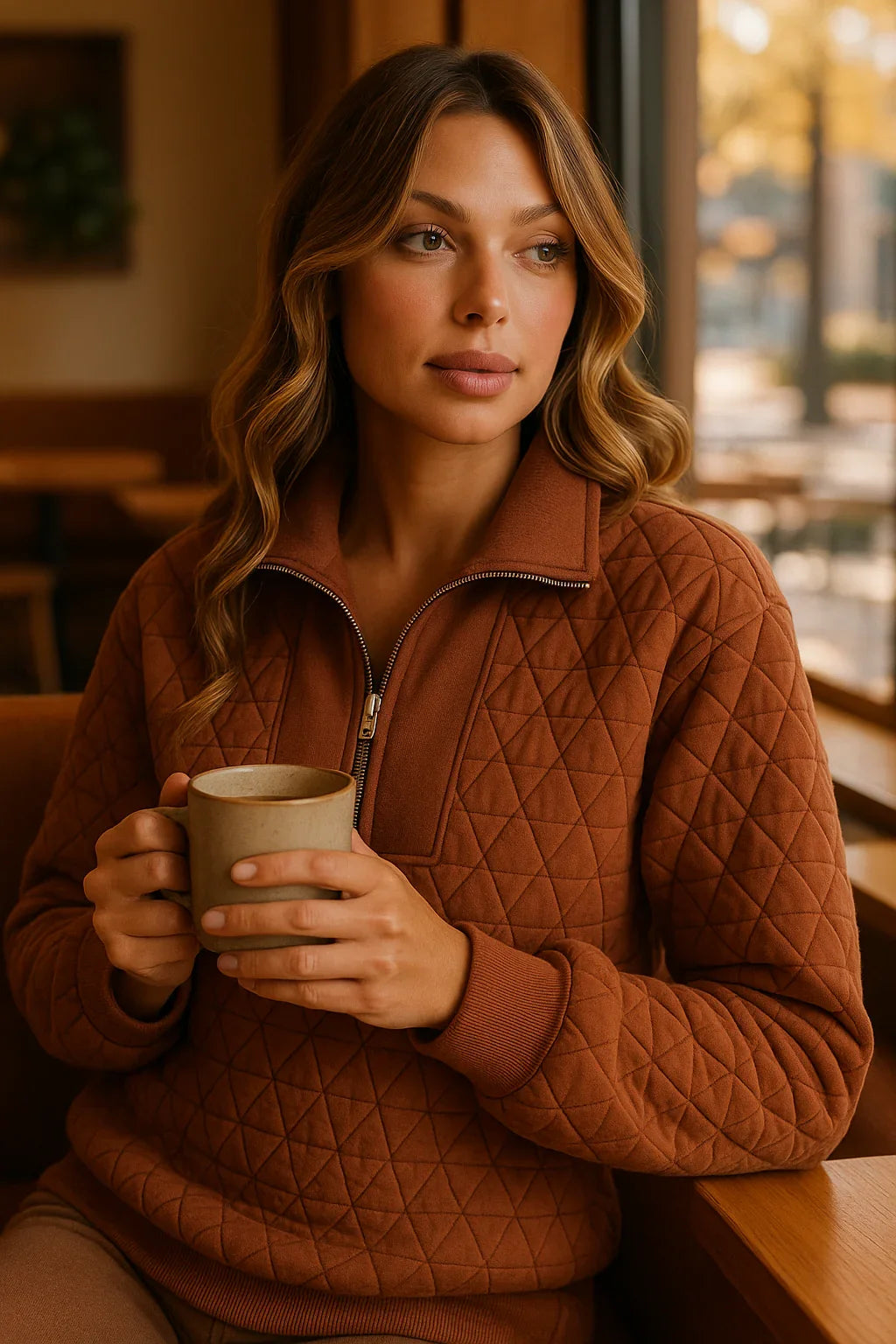 Lifestyle photo of clay mixed-texture pullover sweatshirt