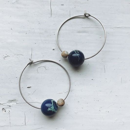 Earth and Moon Jasper Bead Hoop Earrings - minbolu -