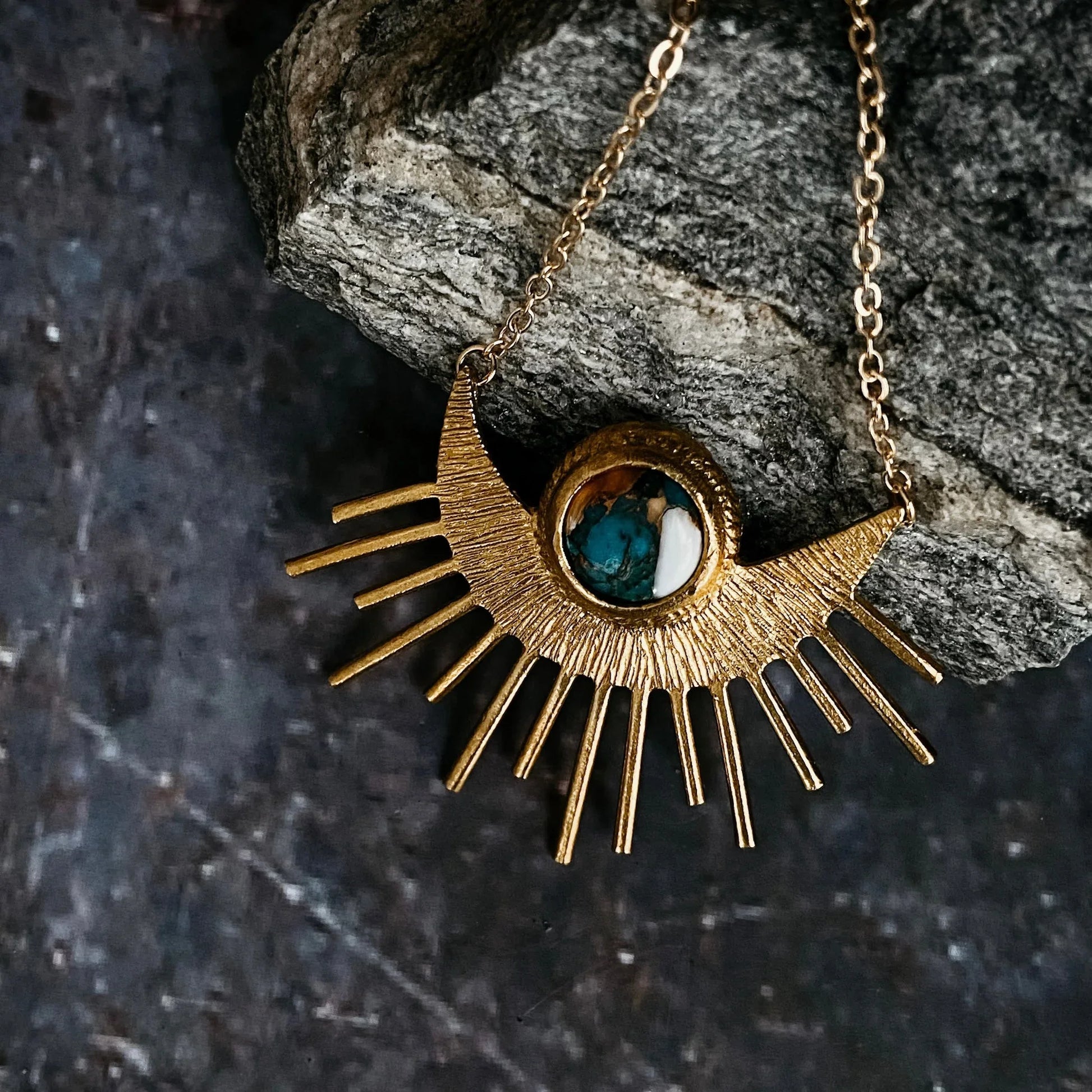 Sun Goddess Necklace - Sun Pendant with Copper Oyster Turquoise - minbolu -