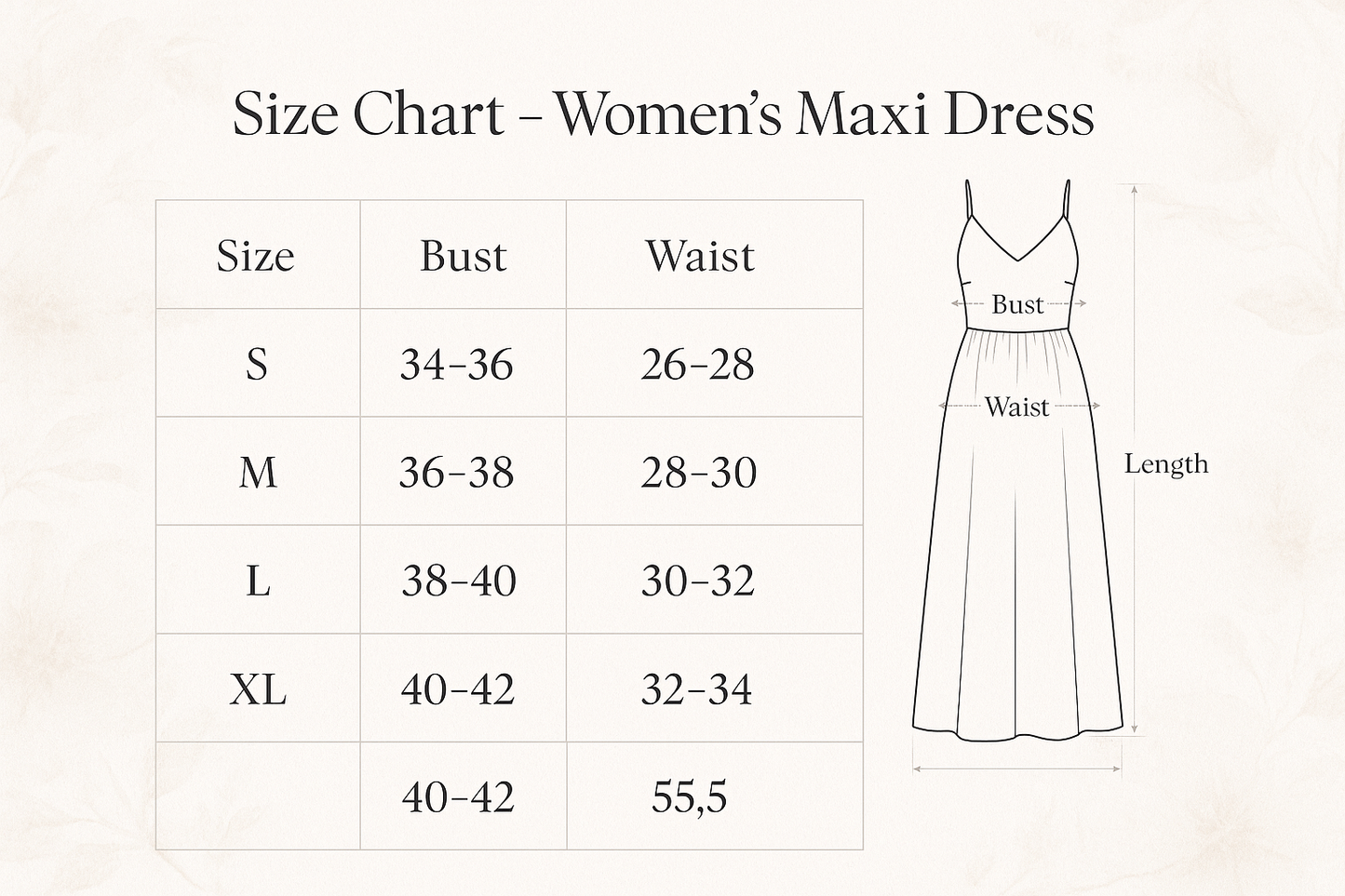 Size Chart - Women's Maxi Dress Sizing Guide
