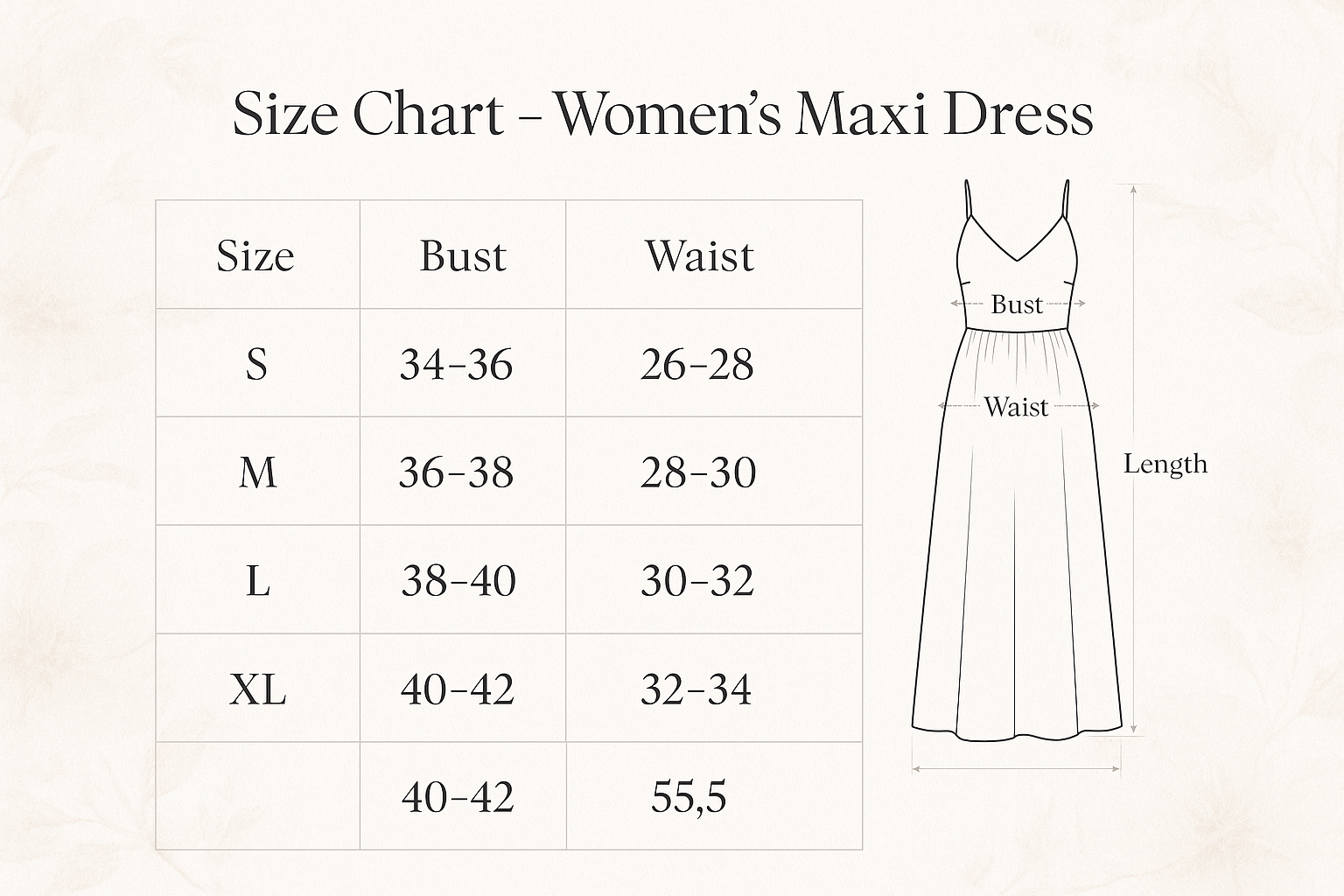 Size Chart - Women's Maxi Dress Sizing Guide