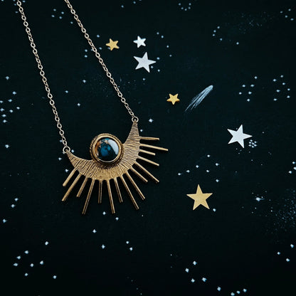 Sun Goddess Necklace - Sun Pendant with Copper Oyster Turquoise - minbolu -