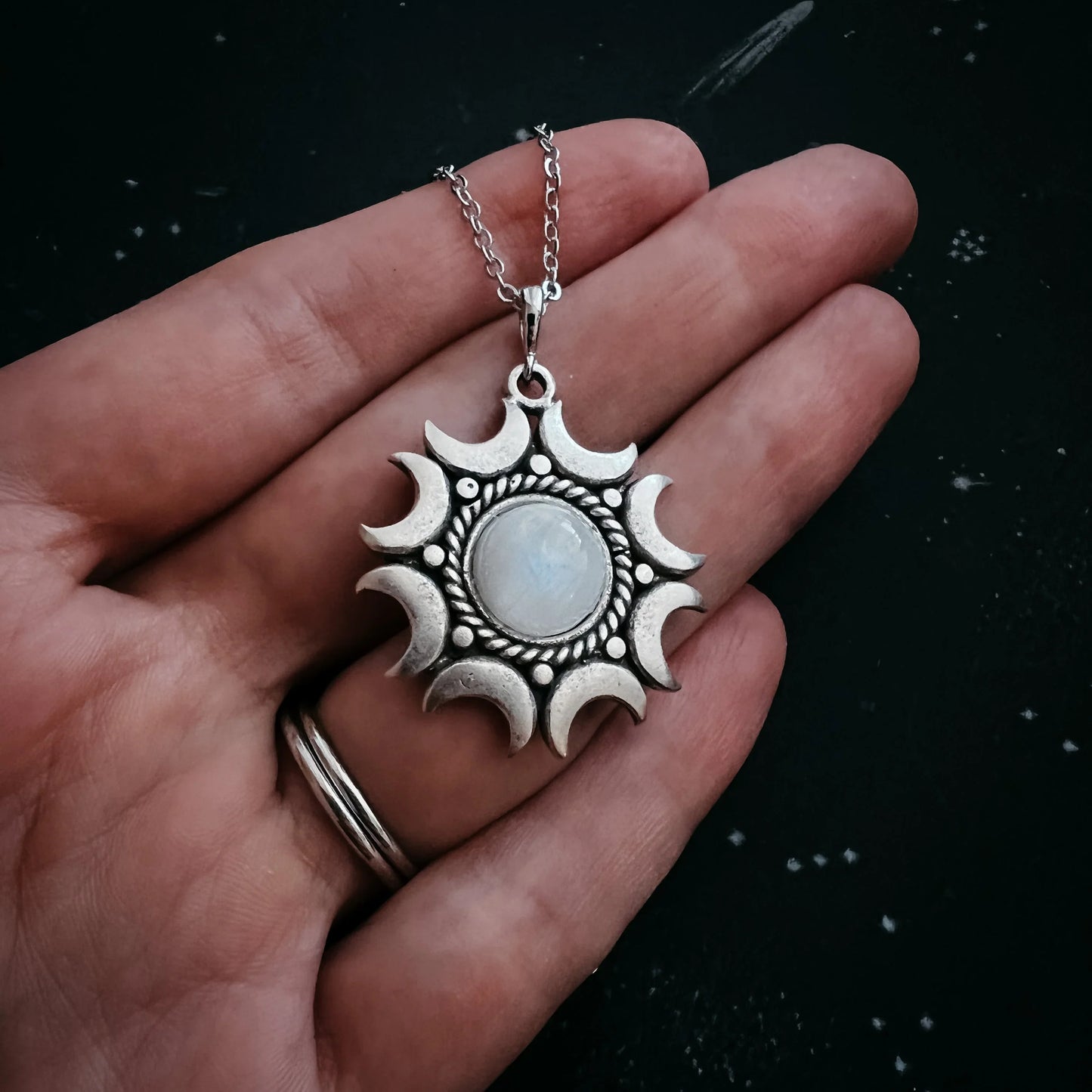 Lunar Witch Necklace - Rainbow Moonstone Pendant - minbolu -