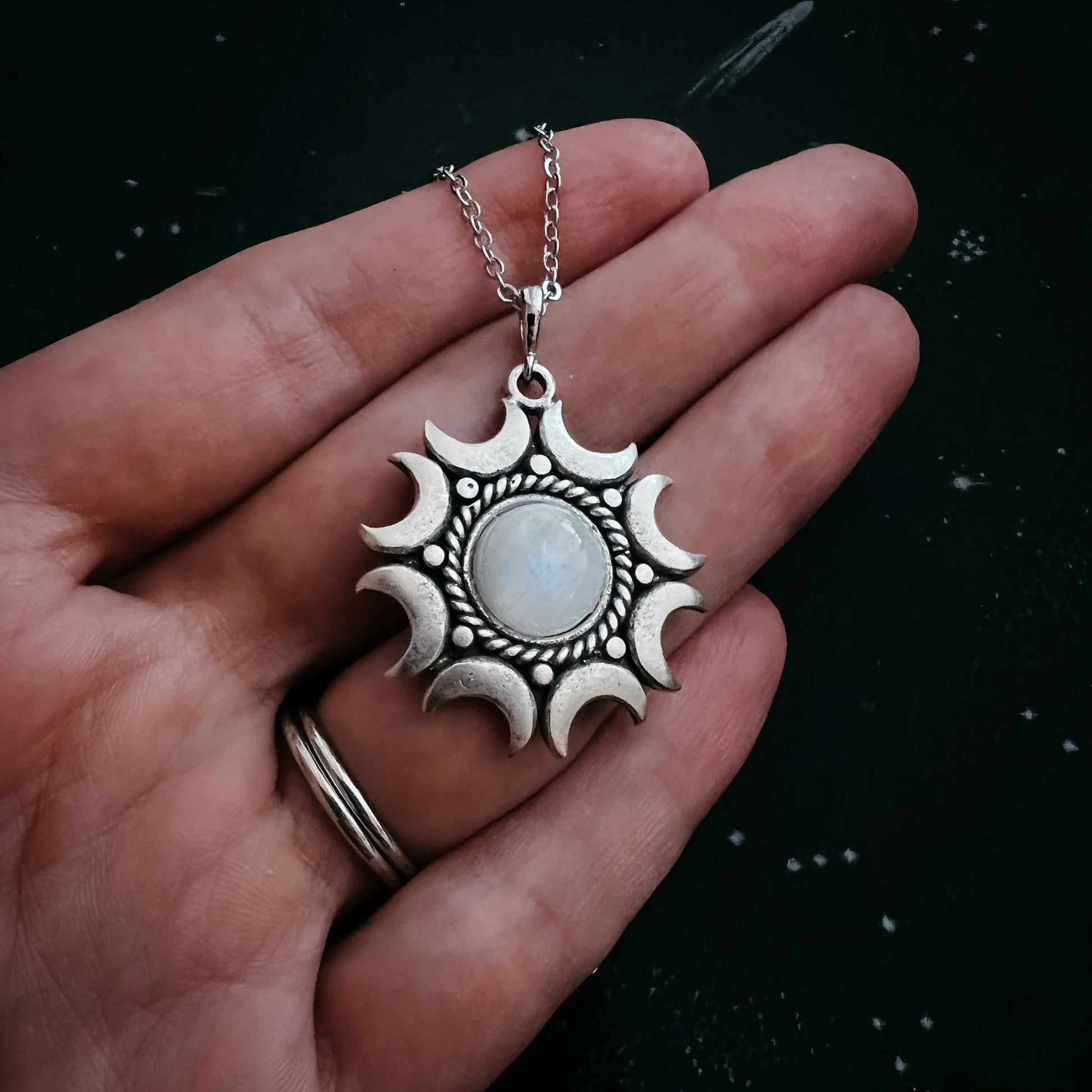 Lunar Witch Necklace - Rainbow Moonstone Pendant - minbolu -