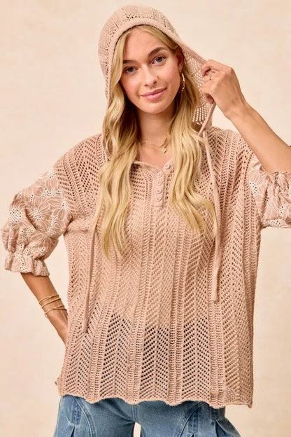 BiBi Jacquard Flower Puff Sleeve Hooded Knit Top - minbolu -