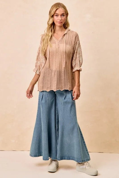 BiBi Jacquard Flower Puff Sleeve Hooded Knit Top - minbolu -