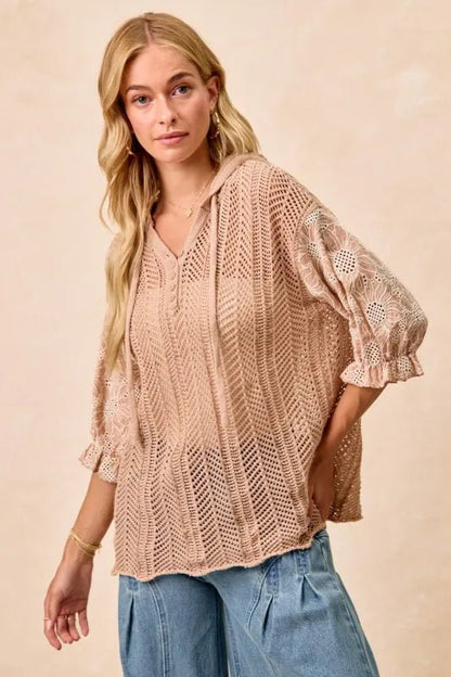 BiBi Jacquard Flower Puff Sleeve Hooded Knit Top - minbolu -