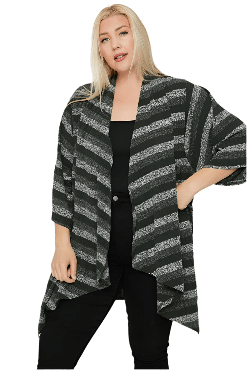 Kimono Style Striped Cardigan - Olive - minbolu -
