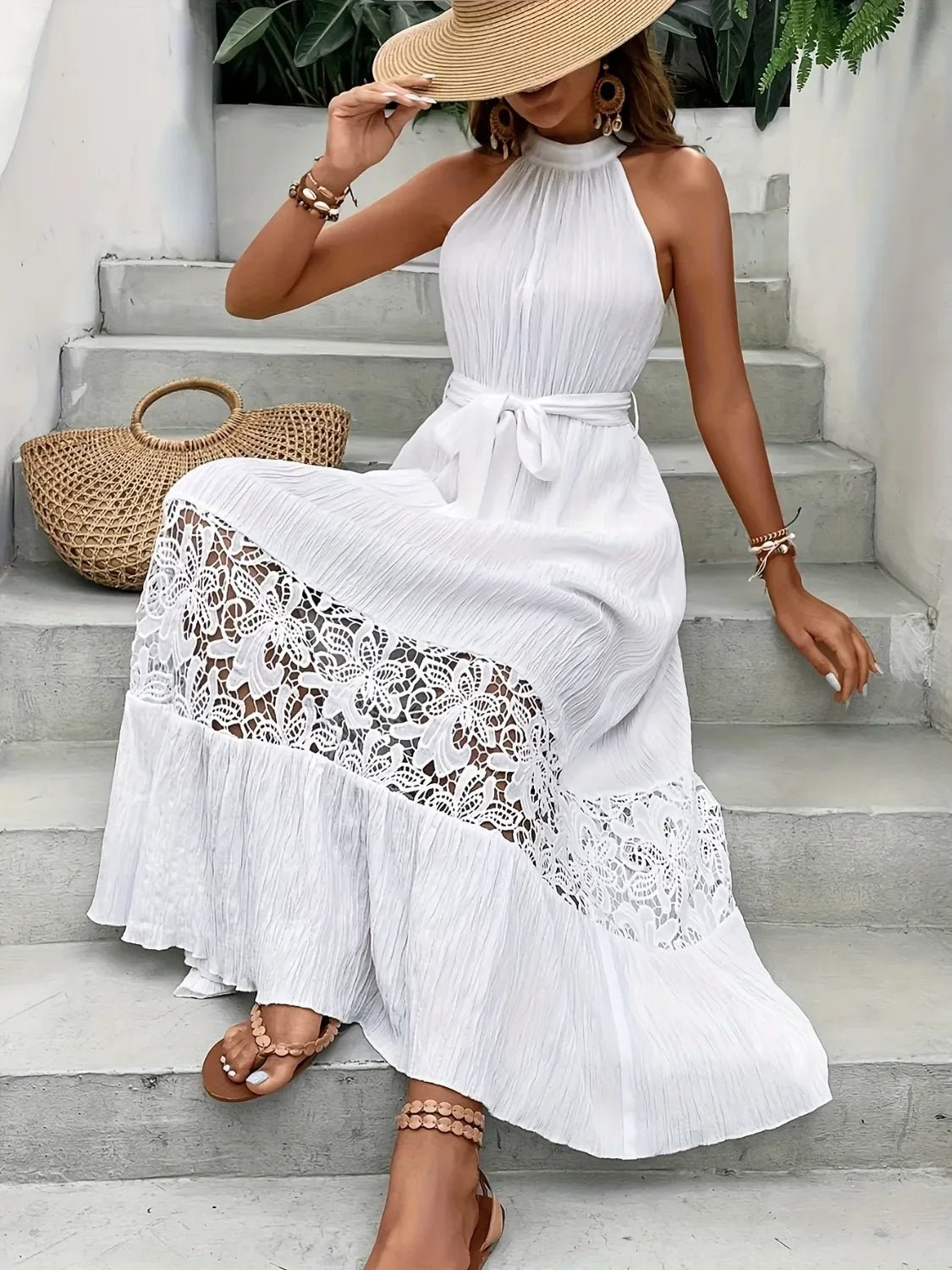 Lace Detail Boho Maxi Cami Dress - minbolu
