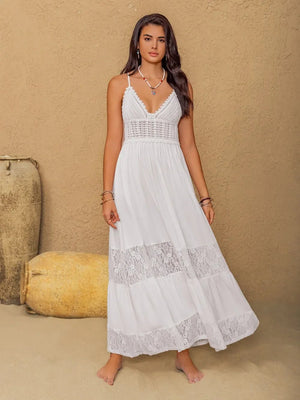 Lace Detail Crochet Tiered Maxi Cami Dress - minbolu -