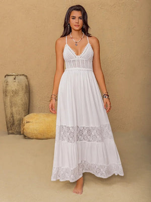 Lace Detail Crochet Tiered Maxi Cami Dress - minbolu -