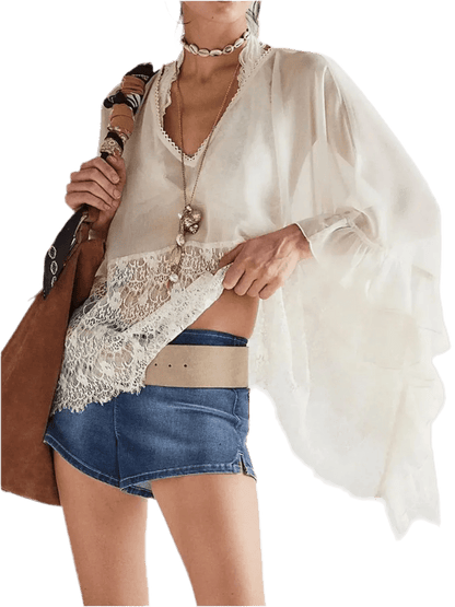 Lace V - Neck Ruffle Cover - Up - Beach Blouse - minbolu
