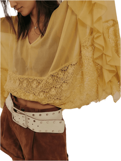 Lace V - Neck Ruffle Cover - Up - Beach Blouse - minbolu