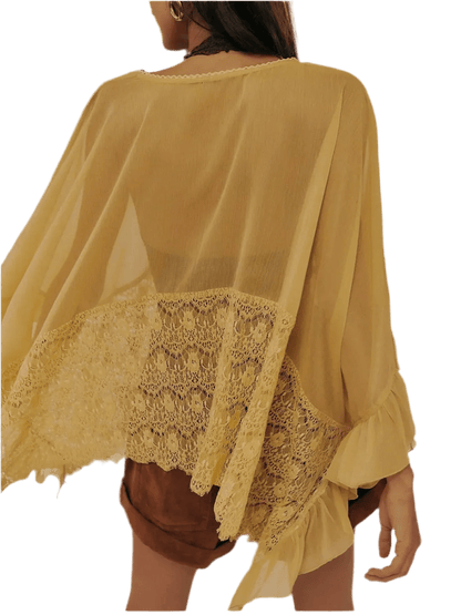 Lace V - Neck Ruffle Cover - Up - Beach Blouse - minbolu