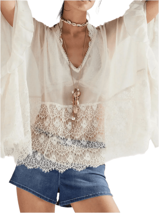 Lace V - Neck Ruffle Cover - Up - Beach Blouse - minbolu