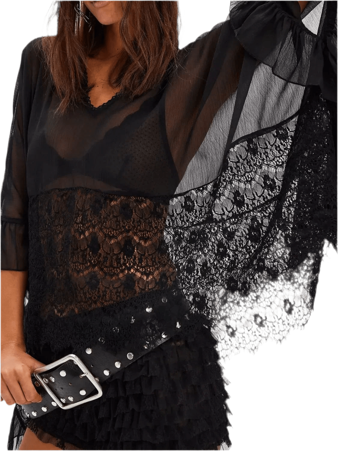 Lace V - Neck Ruffle Cover - Up - Beach Blouse - minbolu