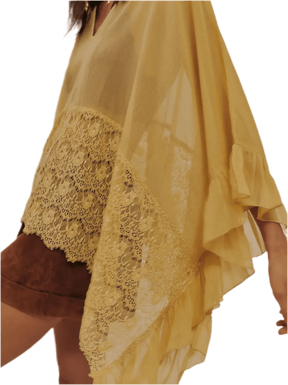 Lace V - Neck Ruffle Cover - Up - Beach Blouse - minbolu