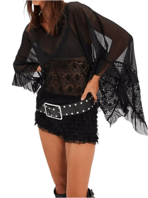 Lace V-Neck Ruffle Cover-Up - Beach Blouse - minbolu -